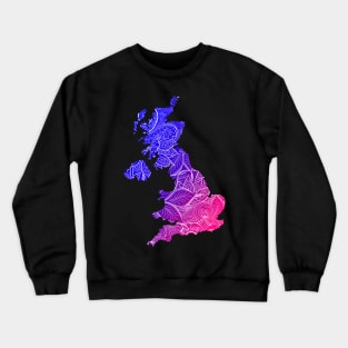 Colorful mandala art map of United Kingdom with text in blue and violet Crewneck Sweatshirt